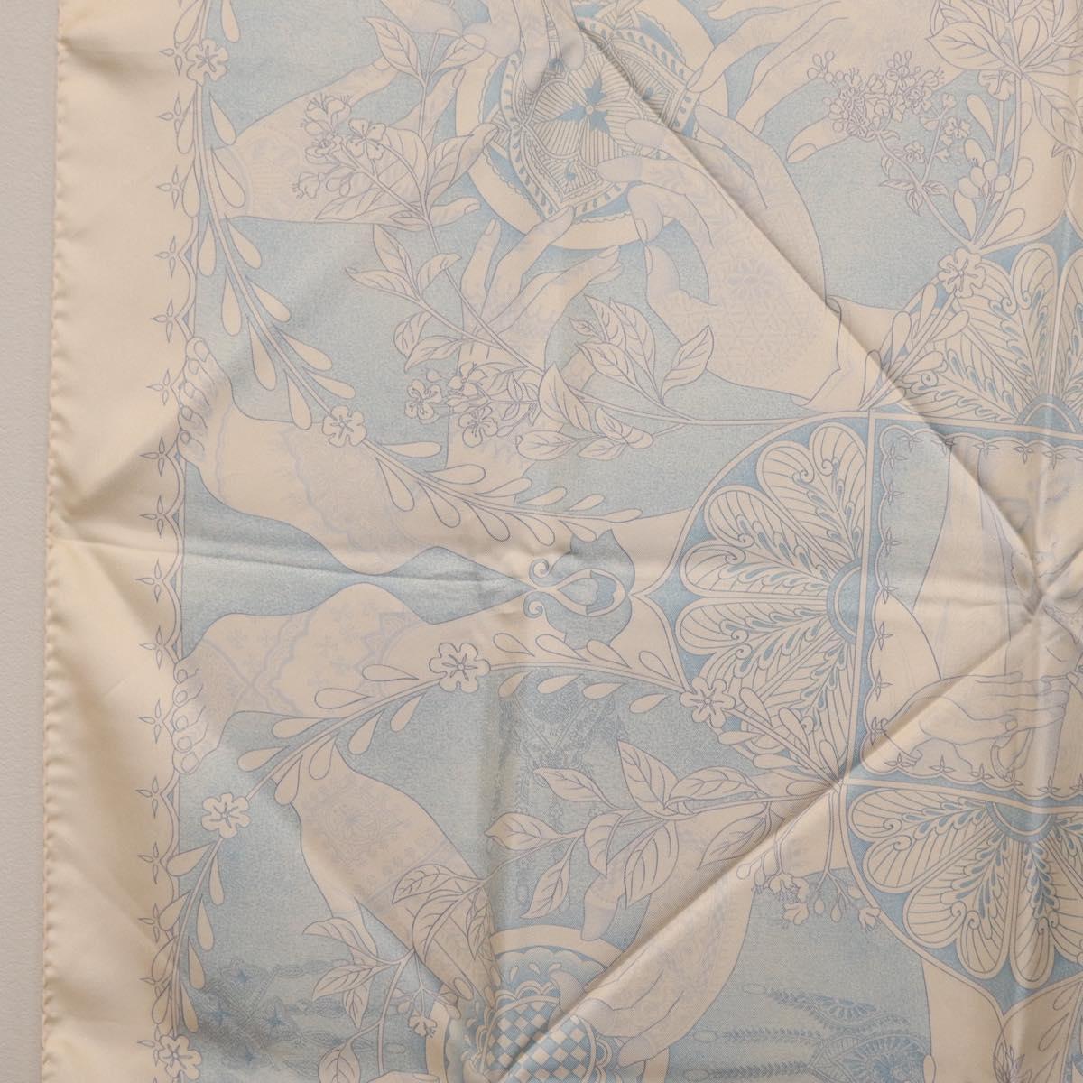 HERMES Carre 90 Scarf Silk Beige Light Blue ""Les chants du Henna"" Auth ki6863M