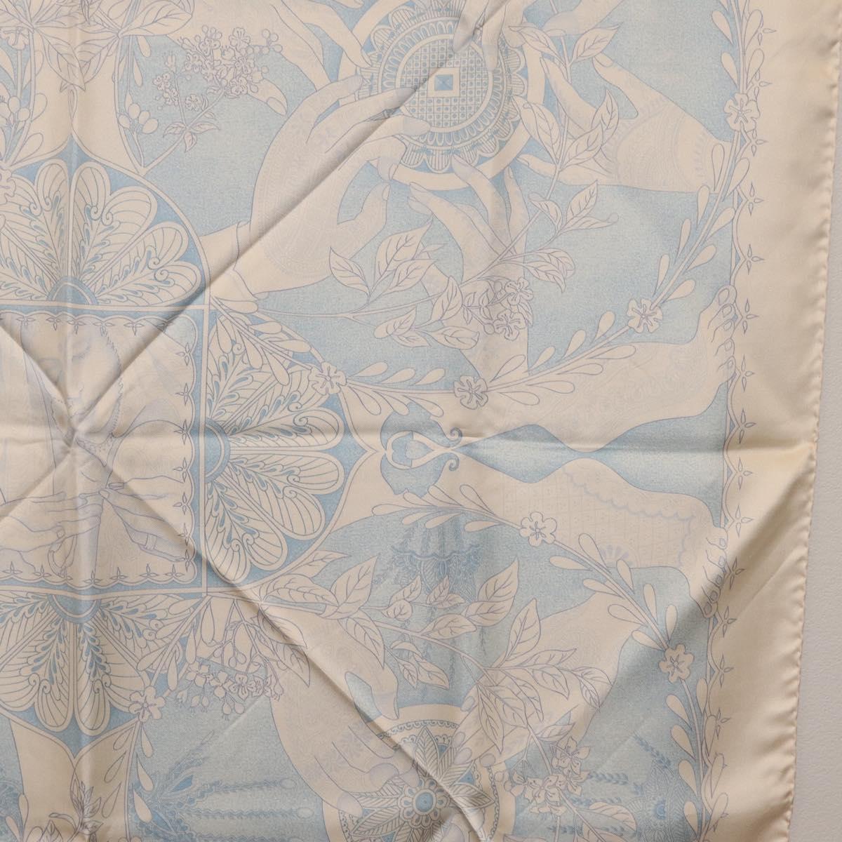 HERMES Carre 90 Scarf Silk Beige Light Blue ""Les chants du Henna"" Auth ki6863M