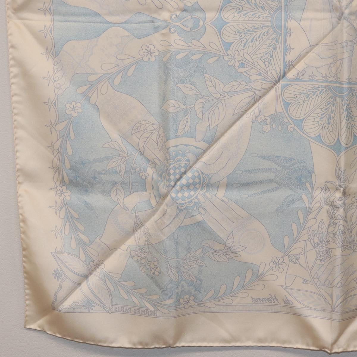HERMES Carre 90 Scarf Silk Beige Light Blue ""Les chants du Henna"" Auth ki6863M