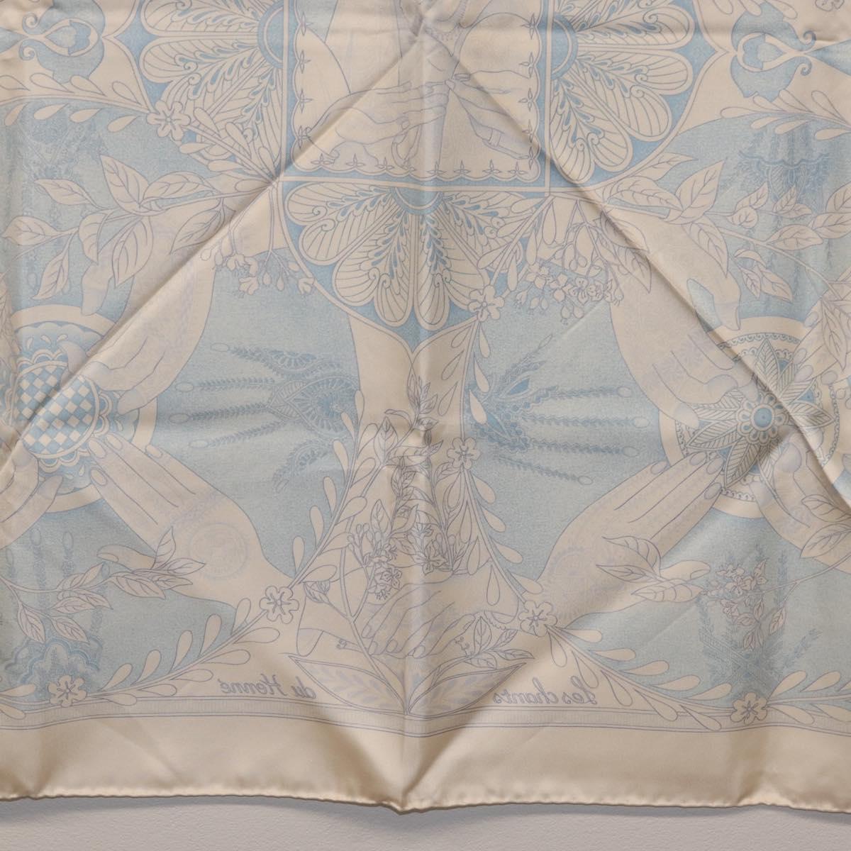 HERMES Carre 90 Scarf Silk Beige Light Blue ""Les chants du Henna"" Auth ki6863M