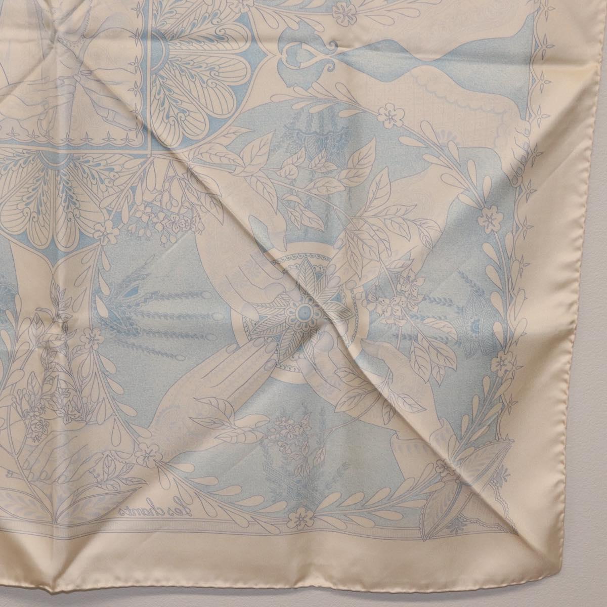 HERMES Carre 90 Scarf Silk Beige Light Blue ""Les chants du Henna"" Auth ki6863M