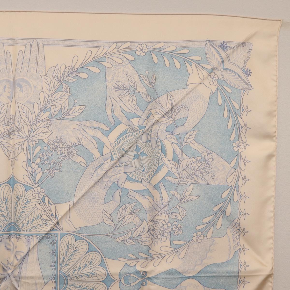 HERMES Carre 90 Scarf Silk Beige Light Blue ""Les chants du Henna"" Auth ki6863M