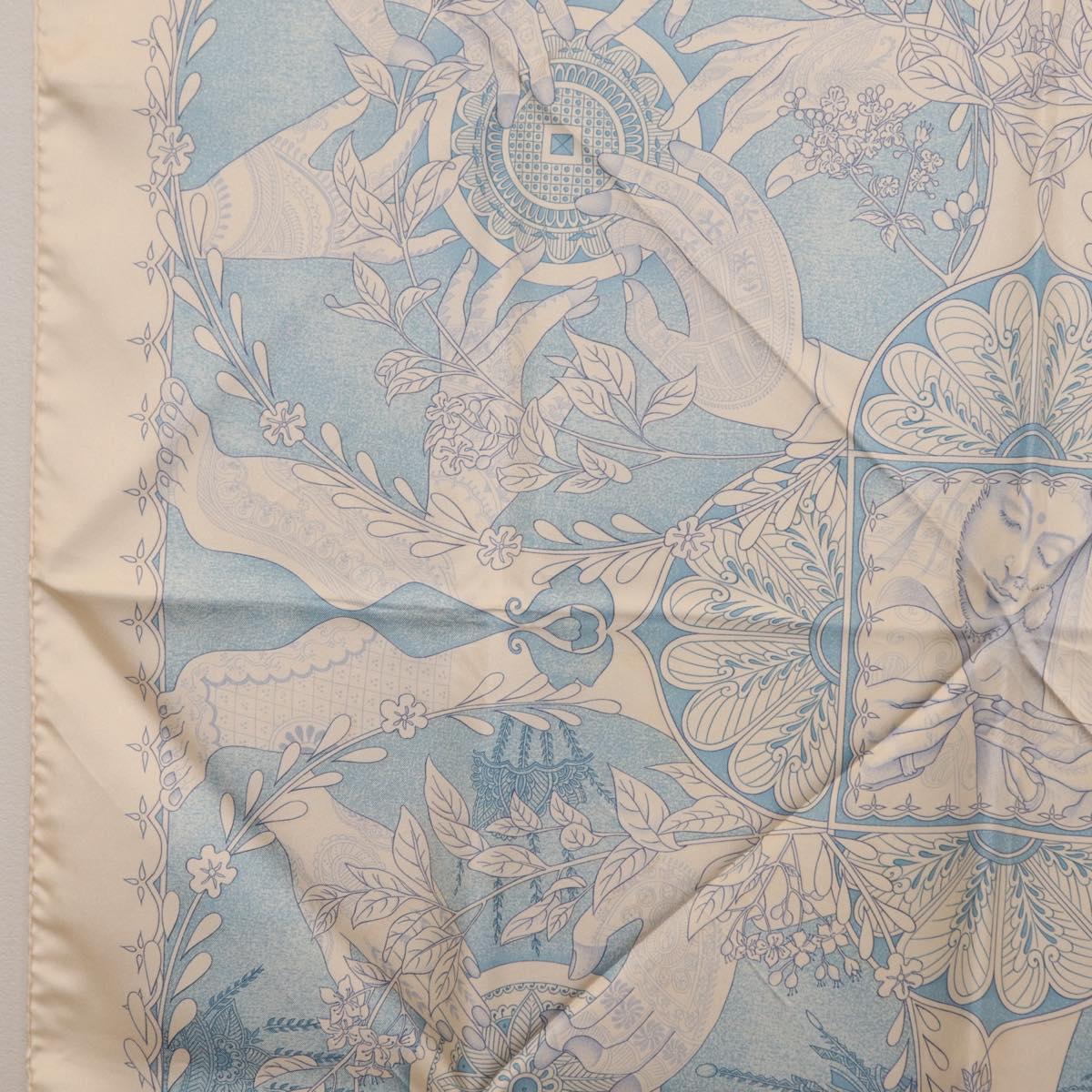 HERMES Carre 90 Scarf Silk Beige Light Blue ""Les chants du Henna"" Auth ki6863M