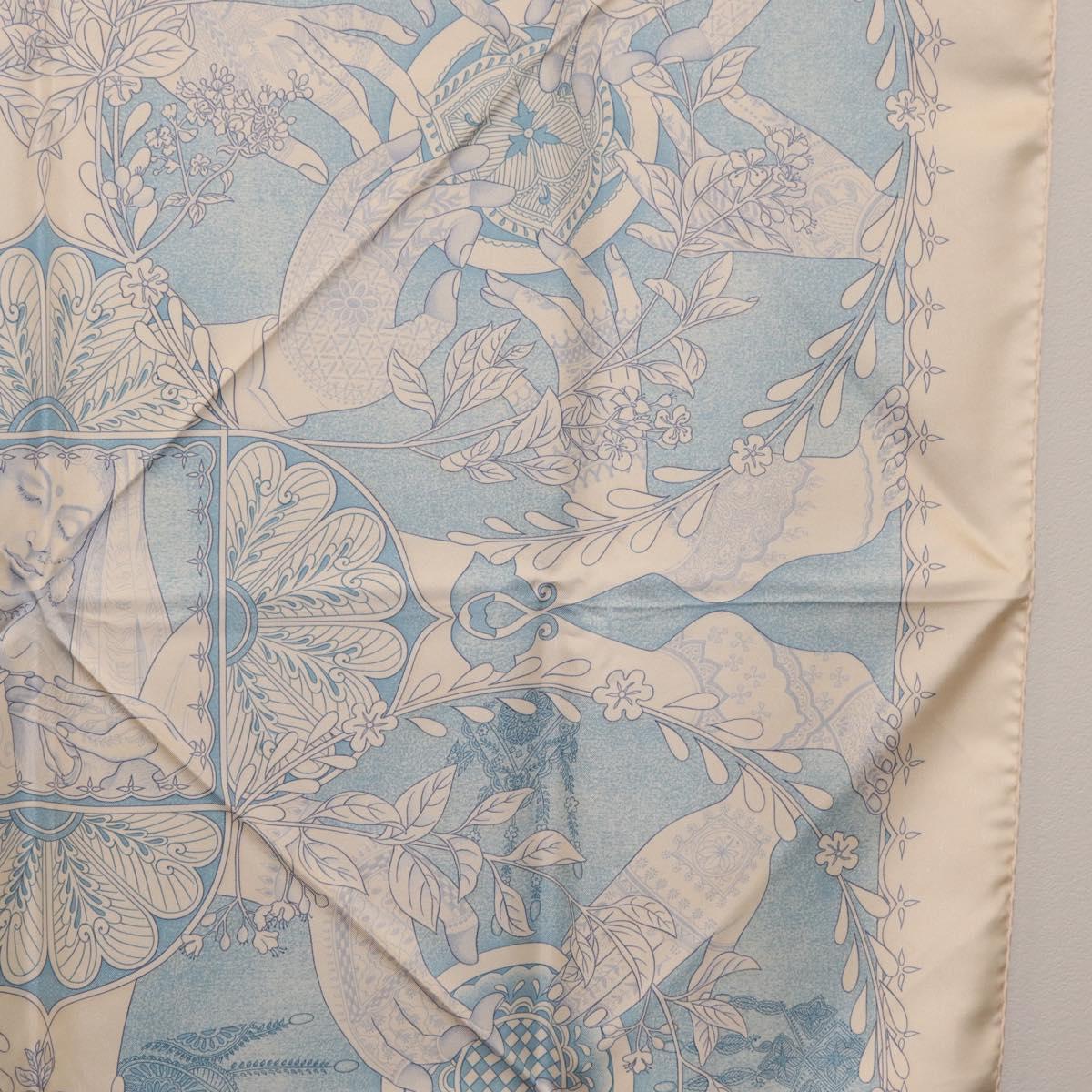HERMES Carre 90 Scarf Silk Beige Light Blue ""Les chants du Henna"" Auth ki6863M