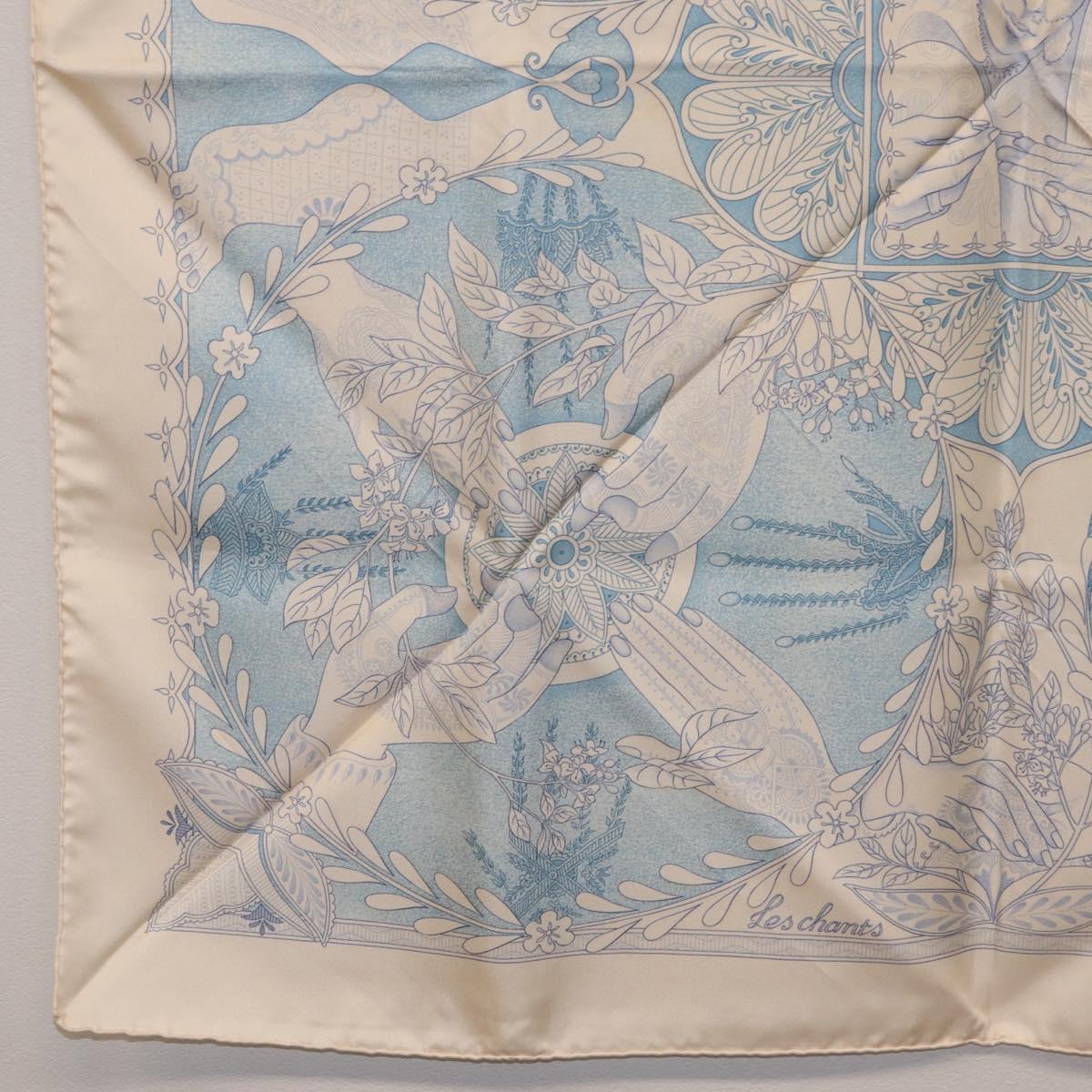 HERMES Carre 90 Scarf Silk Beige Light Blue ""Les chants du Henna"" Auth ki6863M