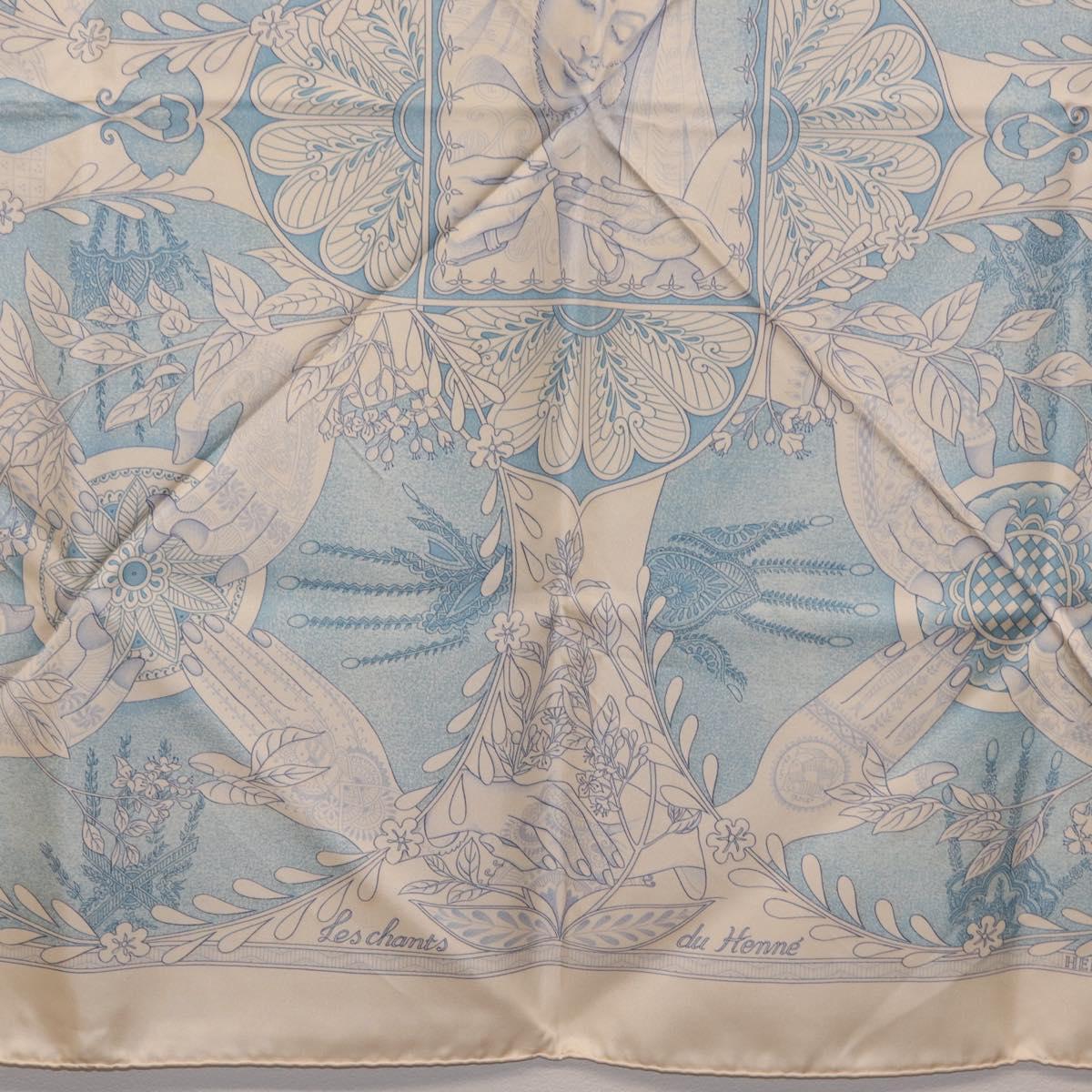 HERMES Carre 90 Scarf Silk Beige Light Blue ""Les chants du Henna"" Auth ki6863M