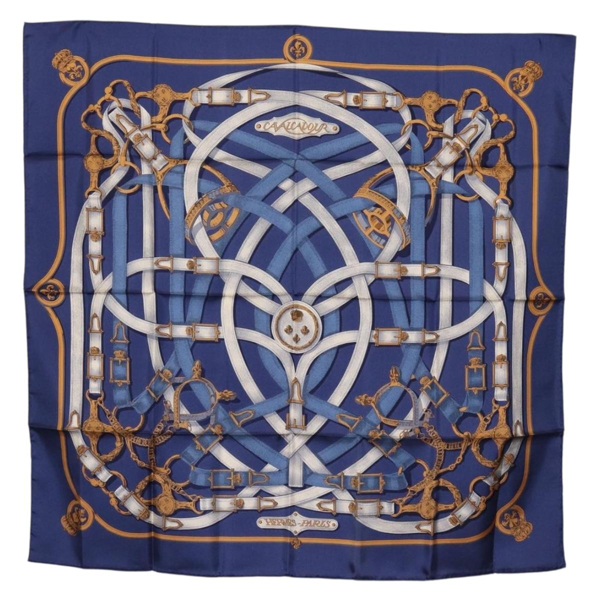 HERMES Carre 90 Scarf Silk Blue White ""CAVALCADOUR"" Auth ki6864M