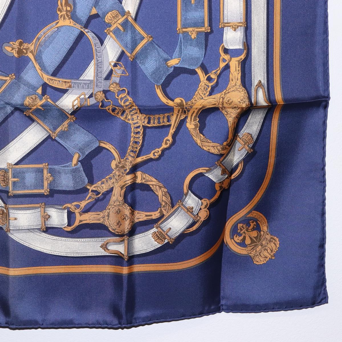 HERMES Carre 90 Scarf Silk Blue White ""CAVALCADOUR"" Auth ki6864M