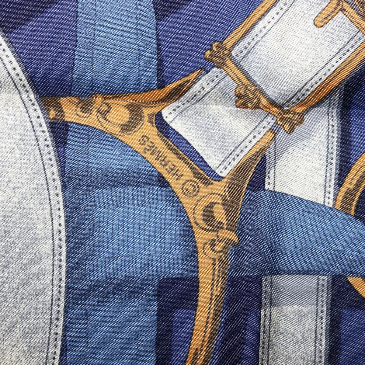 HERMES Carre 90 Scarf Silk Blue White ""CAVALCADOUR"" Auth ki6864M