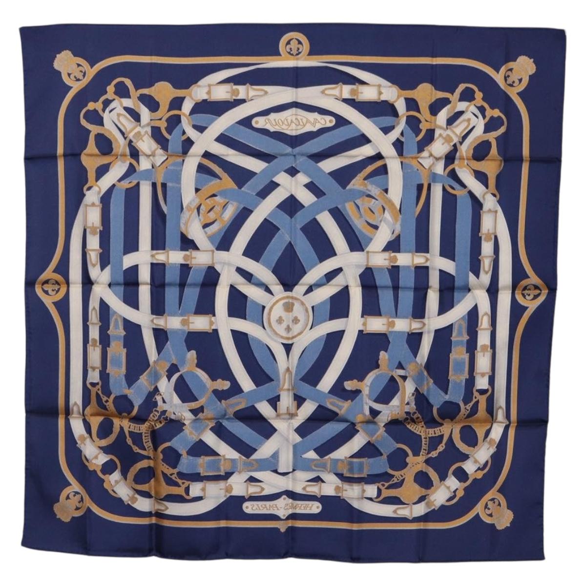 HERMES Carre 90 Scarf Silk Blue White ""CAVALCADOUR"" Auth ki6864M