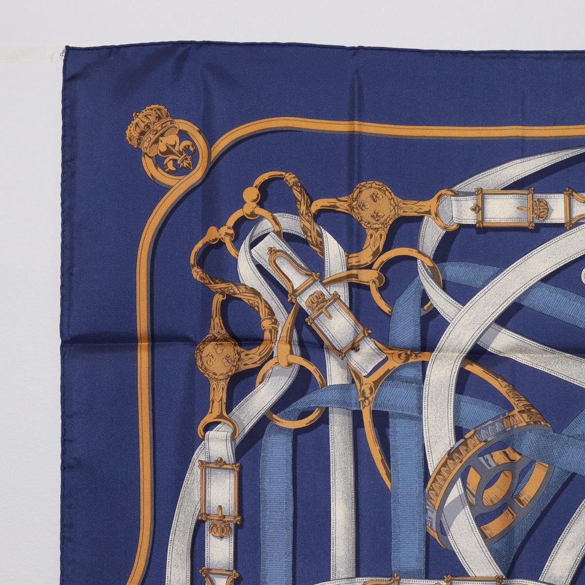 HERMES Carre 90 Scarf Silk Blue White ""CAVALCADOUR"" Auth ki6864M