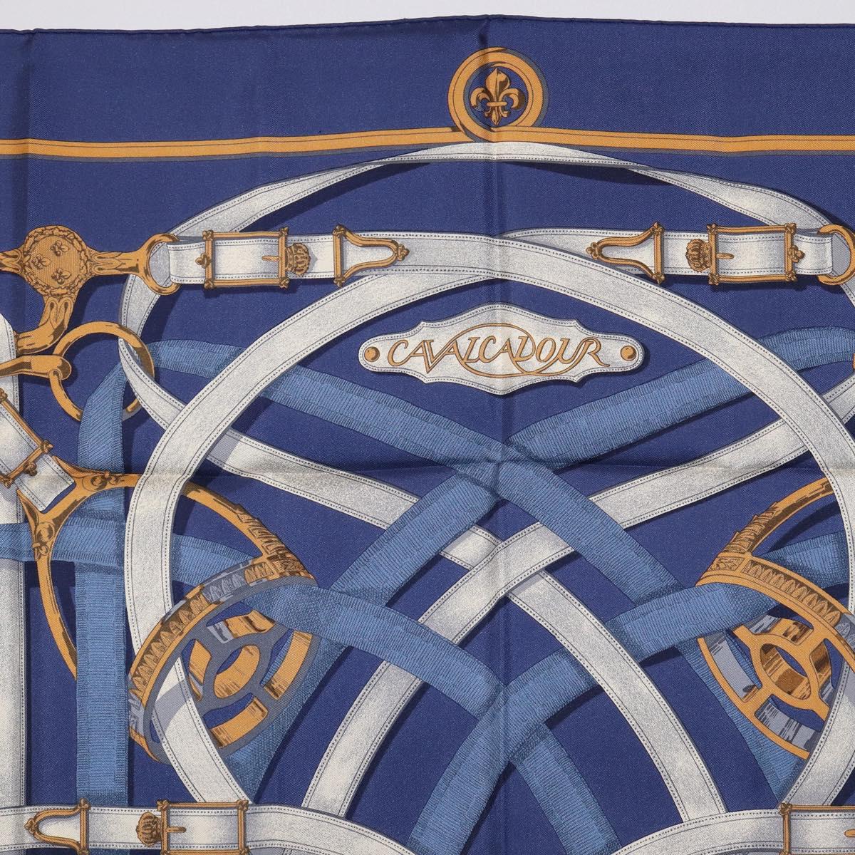 HERMES Carre 90 Scarf Silk Blue White ""CAVALCADOUR"" Auth ki6864M