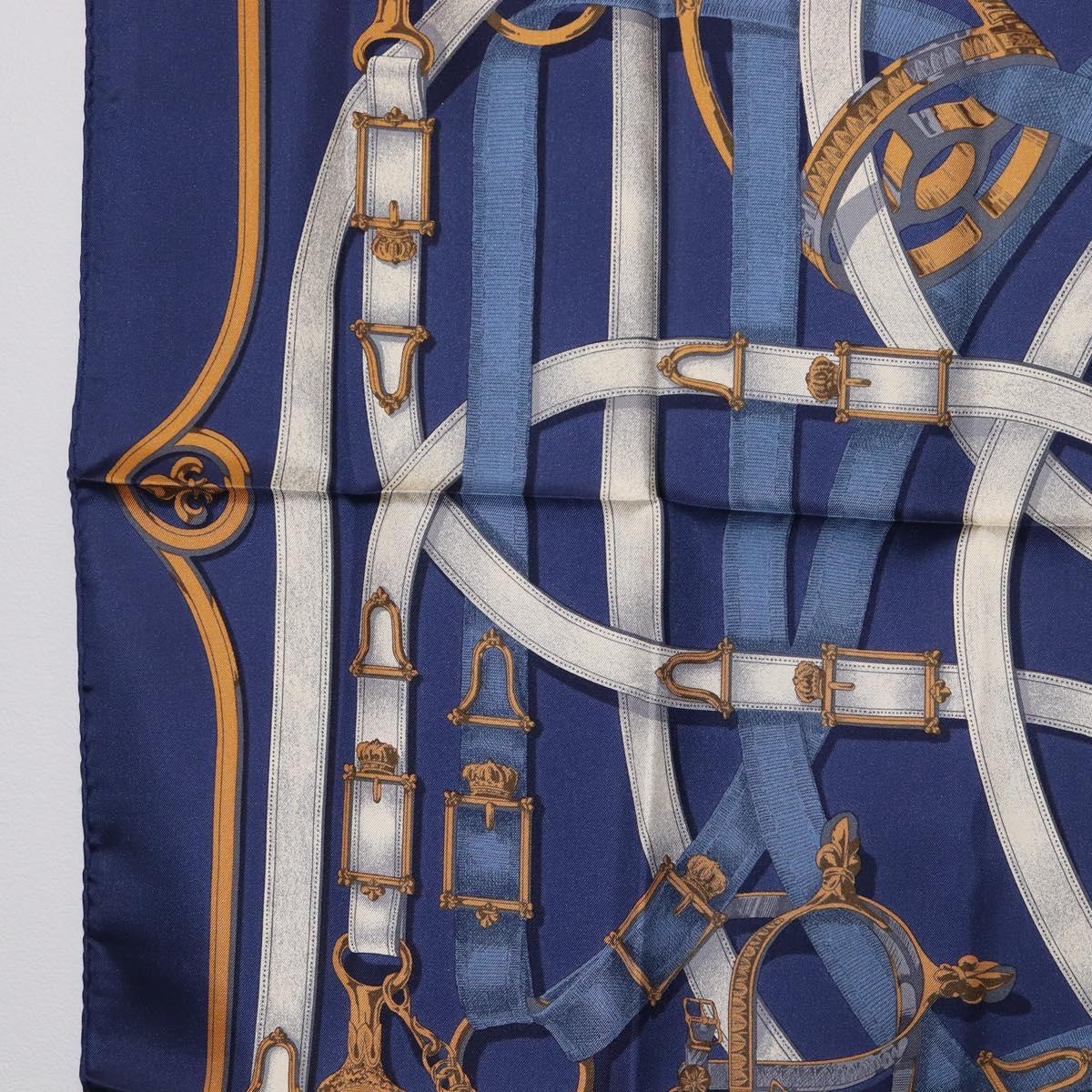 HERMES Carre 90 Scarf Silk Blue White ""CAVALCADOUR"" Auth ki6864M