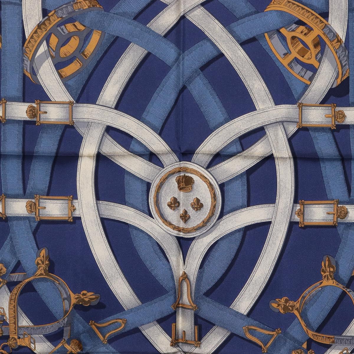 HERMES Carre 90 Scarf Silk Blue White ""CAVALCADOUR"" Auth ki6864M