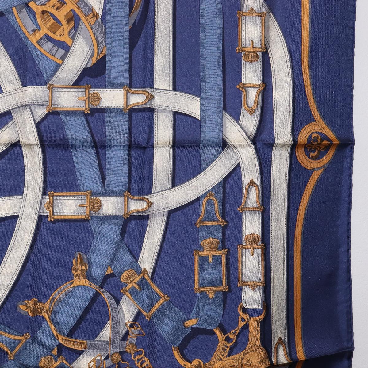 HERMES Carre 90 Scarf Silk Blue White ""CAVALCADOUR"" Auth ki6864M