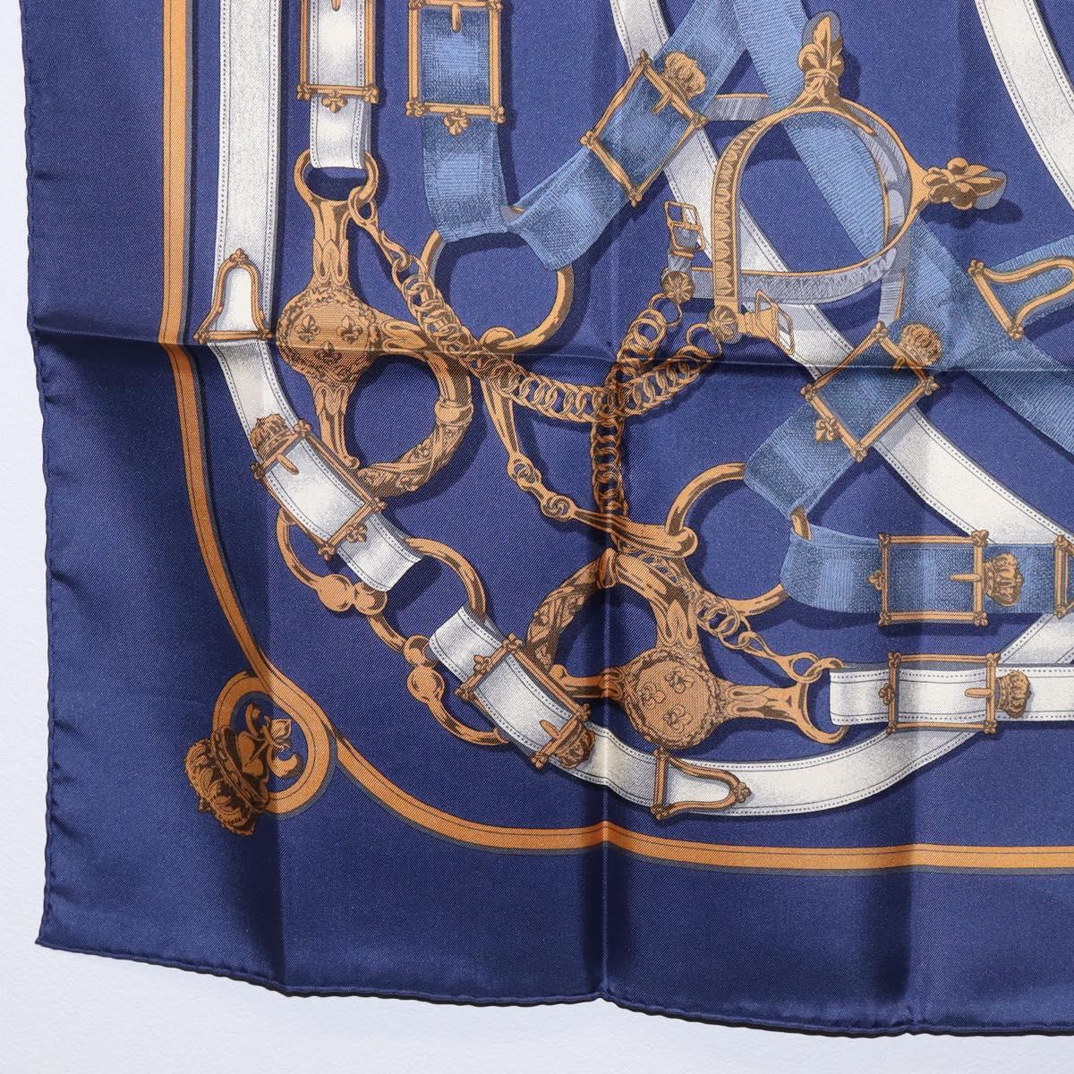 HERMES Carre 90 Scarf Silk Blue White ""CAVALCADOUR"" Auth ki6864M