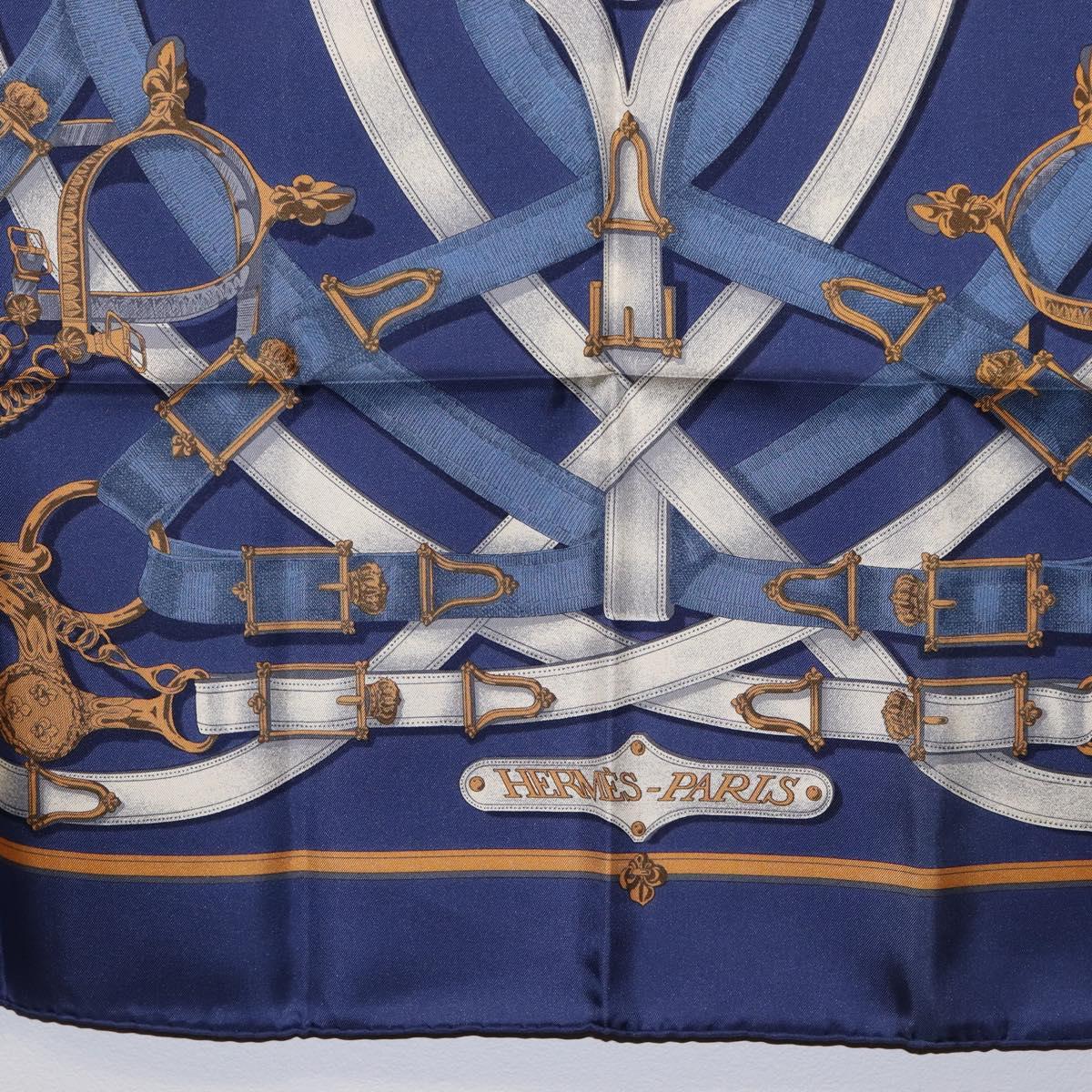 HERMES Carre 90 Scarf Silk Blue White ""CAVALCADOUR"" Auth ki6864M