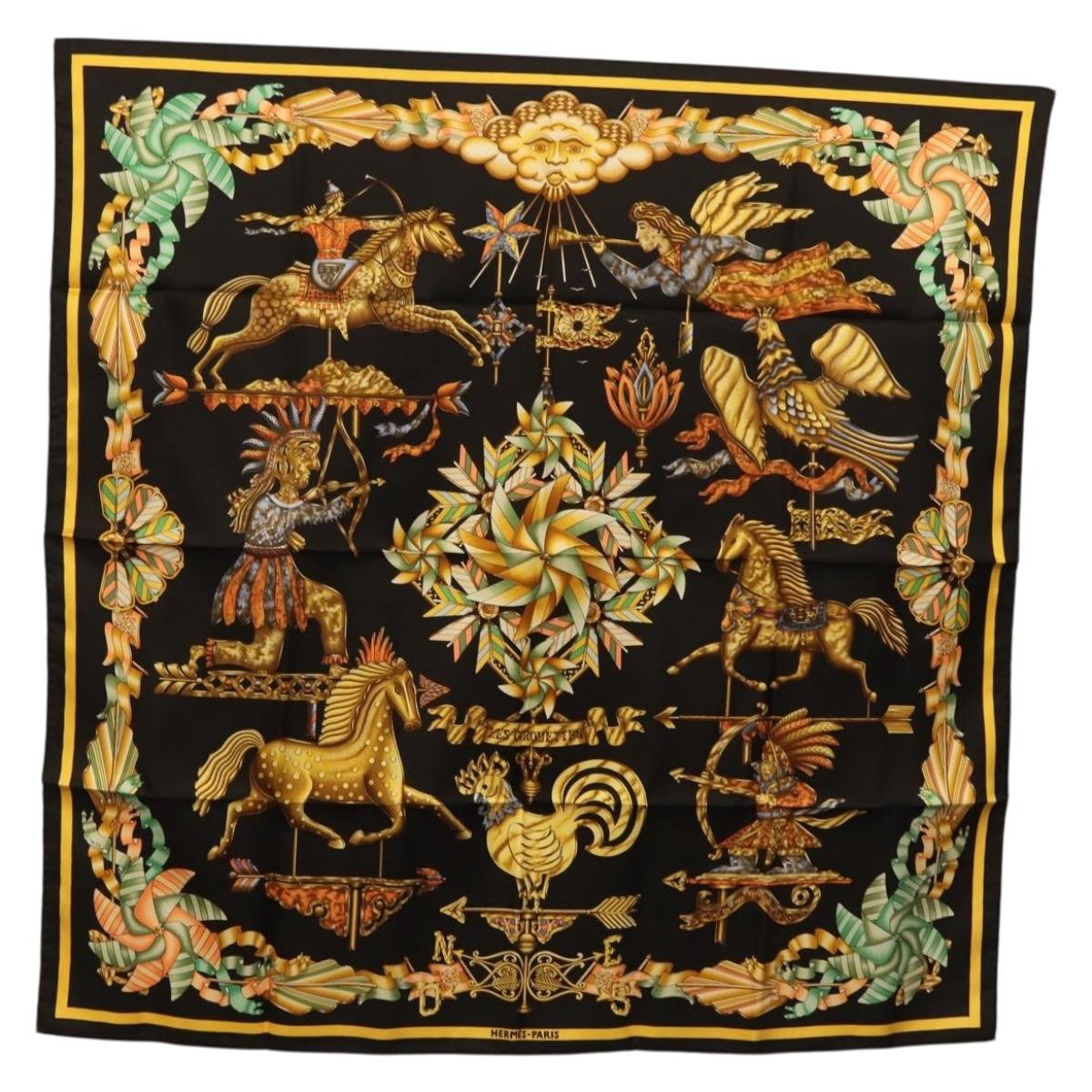 HERMES Carre 90 Scarf Silk Black Yellow Auth ki6865M