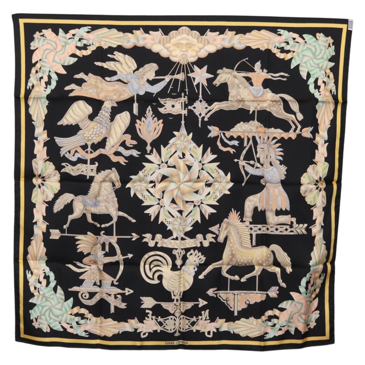 HERMES Carre 90 Scarf Silk Black Yellow Auth ki6865M