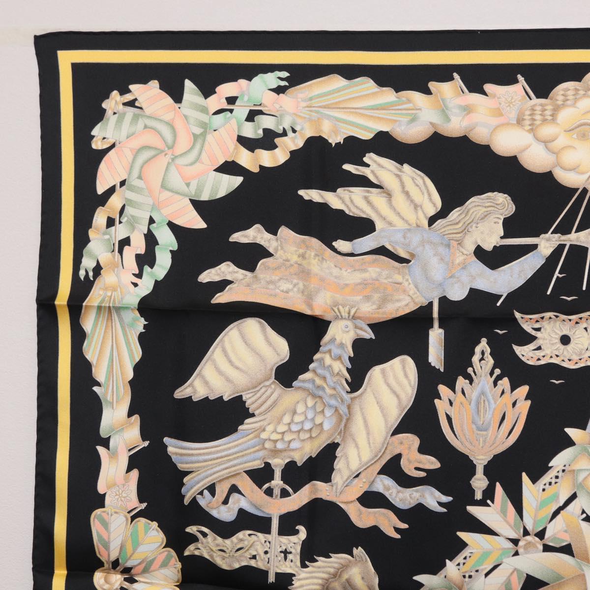 HERMES Carre 90 Scarf Silk Black Yellow Auth ki6865M