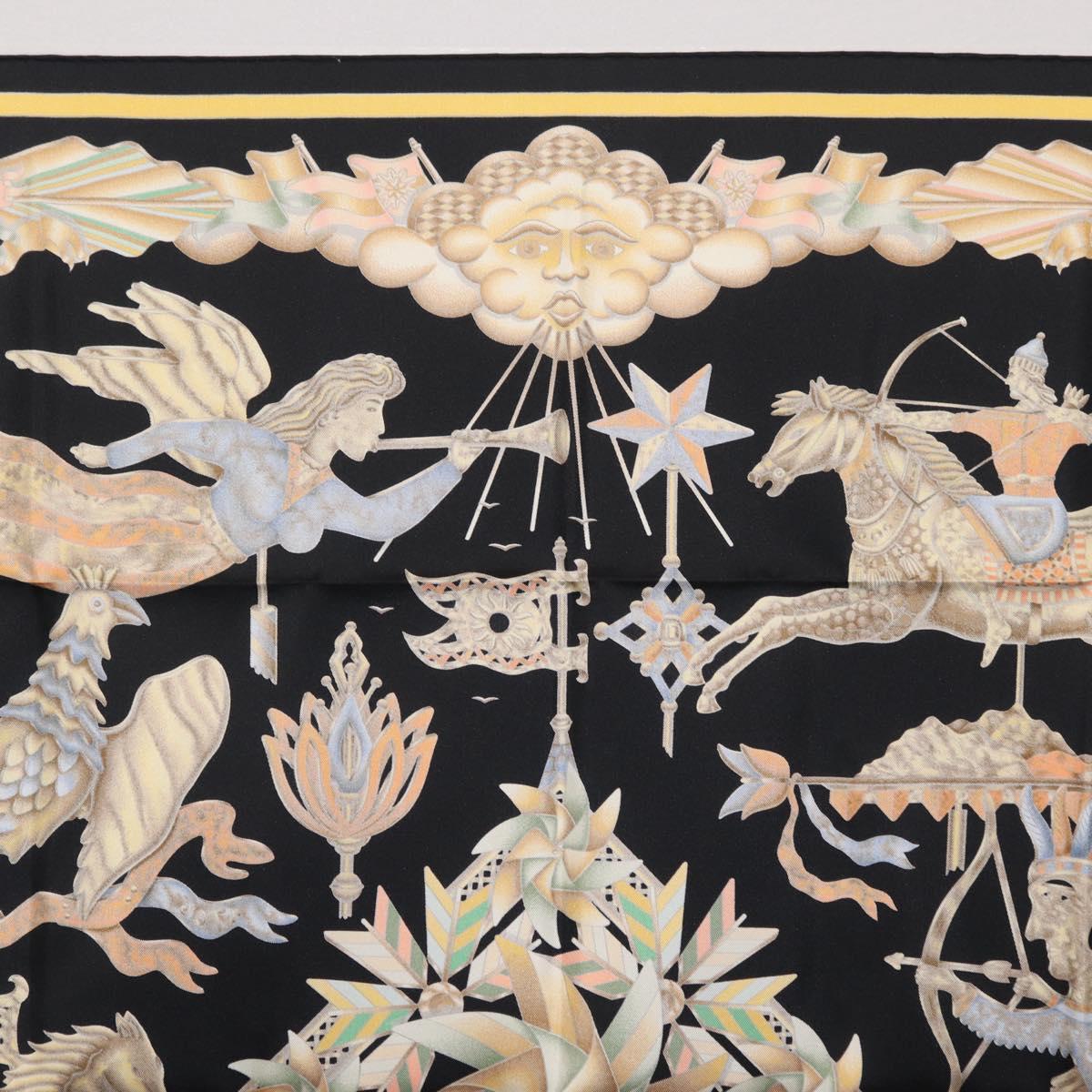 HERMES Carre 90 Scarf Silk Black Yellow Auth ki6865M