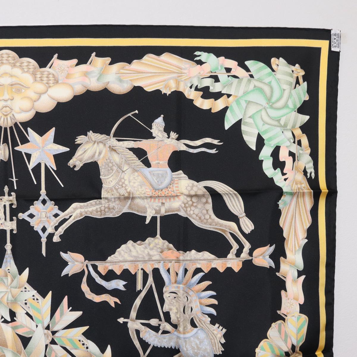 HERMES Carre 90 Scarf Silk Black Yellow Auth ki6865M