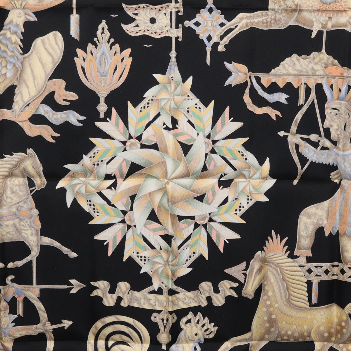 HERMES Carre 90 Scarf Silk Black Yellow Auth ki6865M
