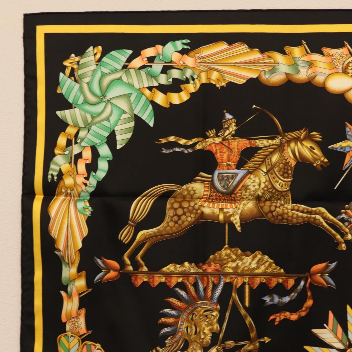 HERMES Carre 90 Scarf Silk Black Yellow Auth ki6865M