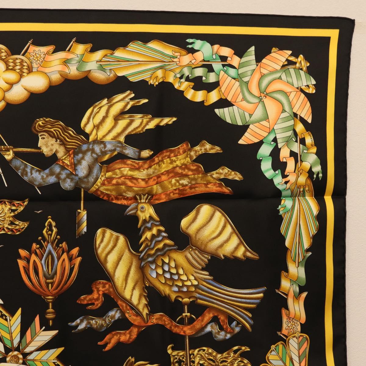 HERMES Carre 90 Scarf Silk Black Yellow Auth ki6865M
