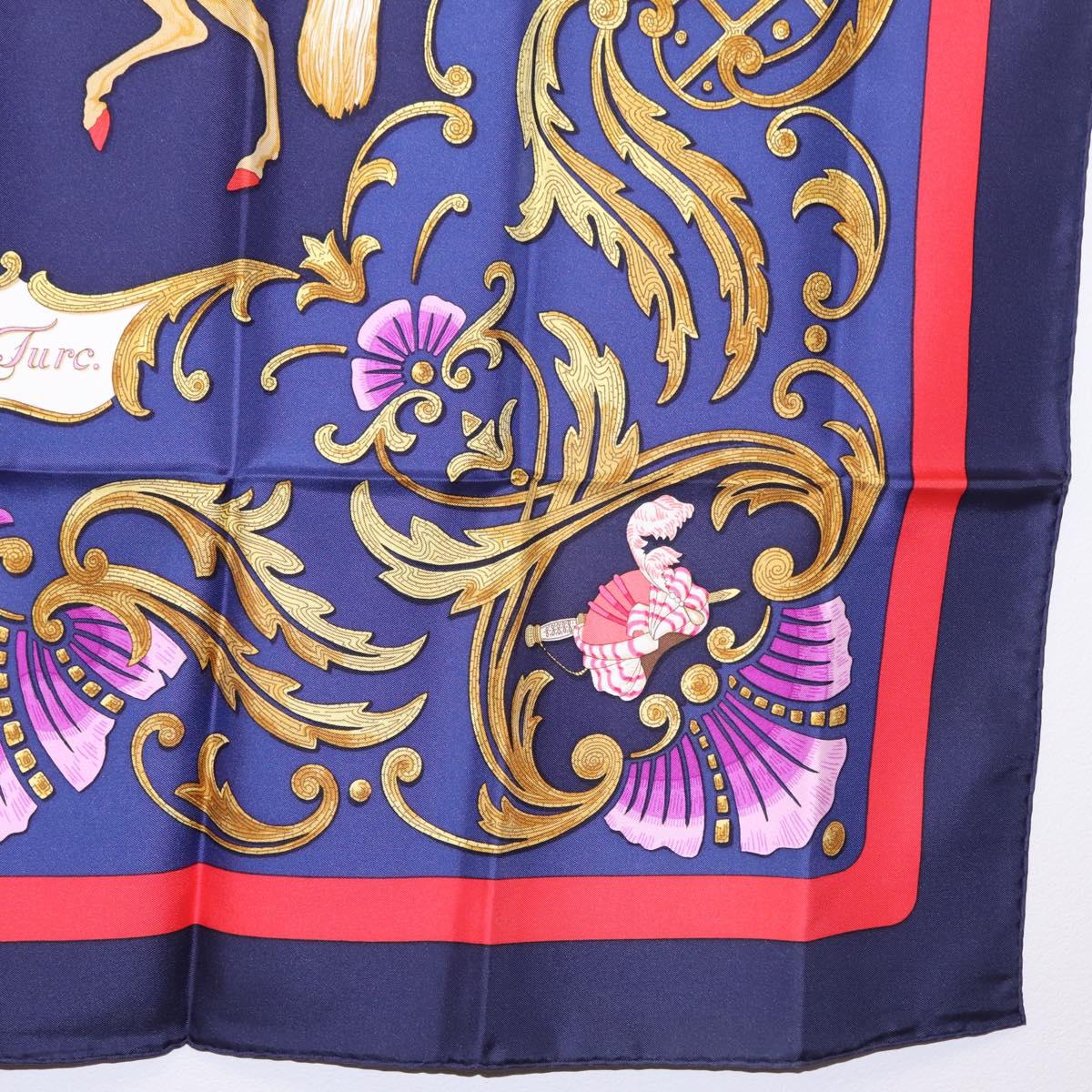 HERMES Carre 90 Scarf Silk Blue Red ""Cheval Jurc."" Auth ki6866M