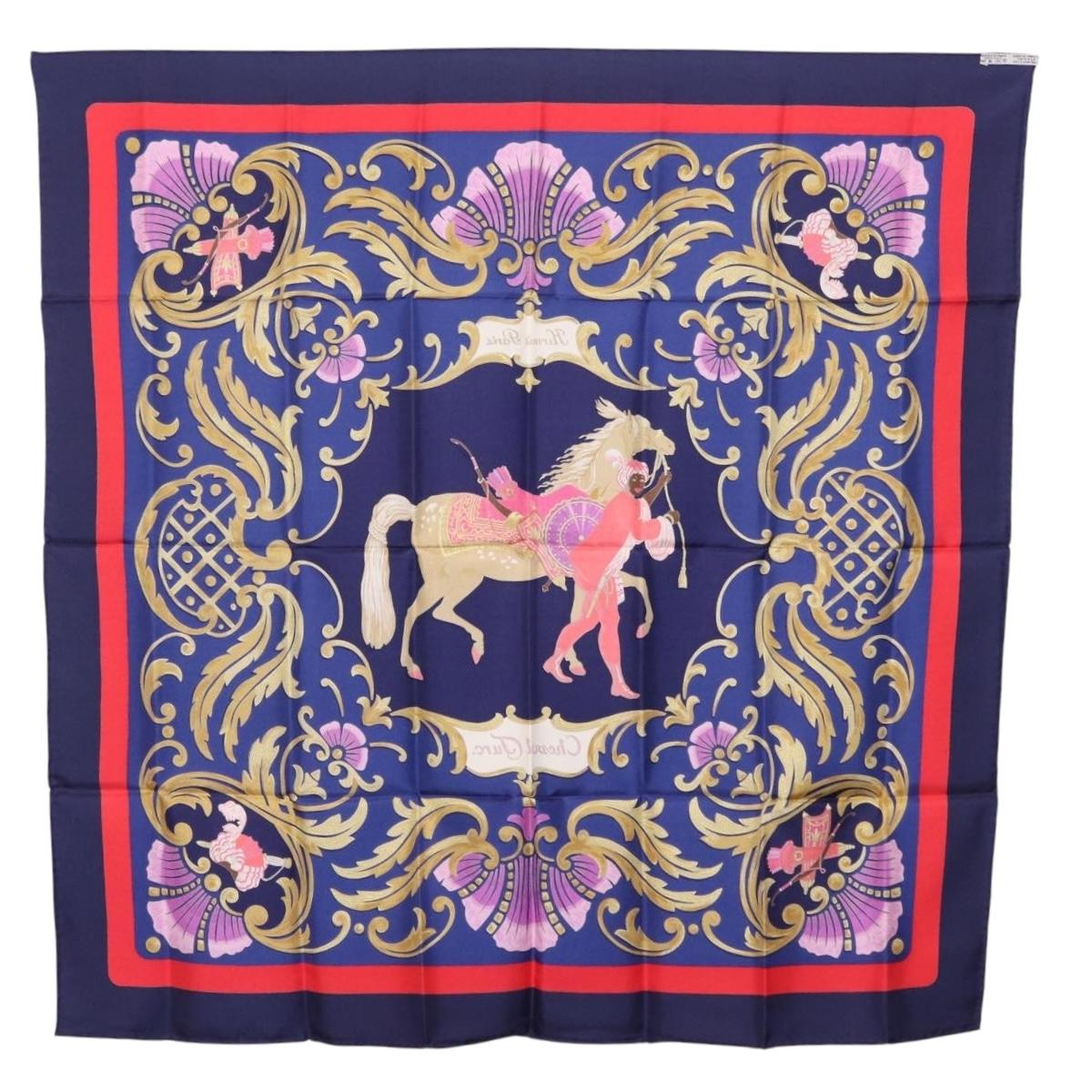 HERMES Carre 90 Scarf Silk Blue Red ""Cheval Jurc."" Auth ki6866M