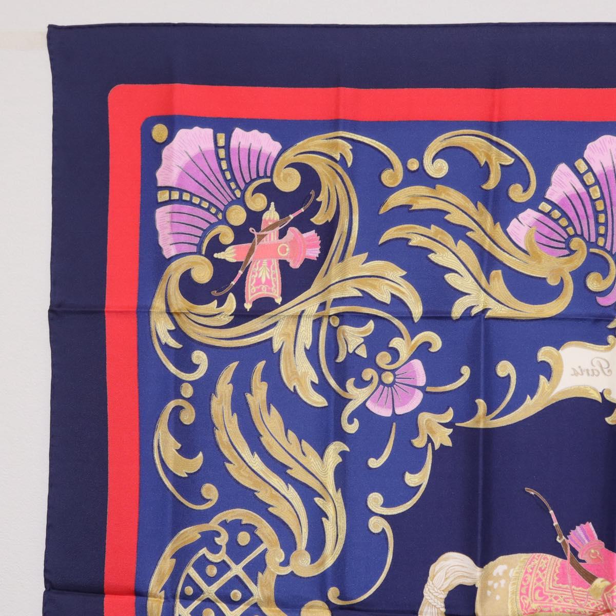 HERMES Carre 90 Scarf Silk Blue Red ""Cheval Jurc."" Auth ki6866M