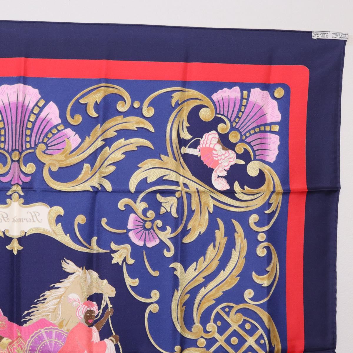 HERMES Carre 90 Scarf Silk Blue Red ""Cheval Jurc."" Auth ki6866M
