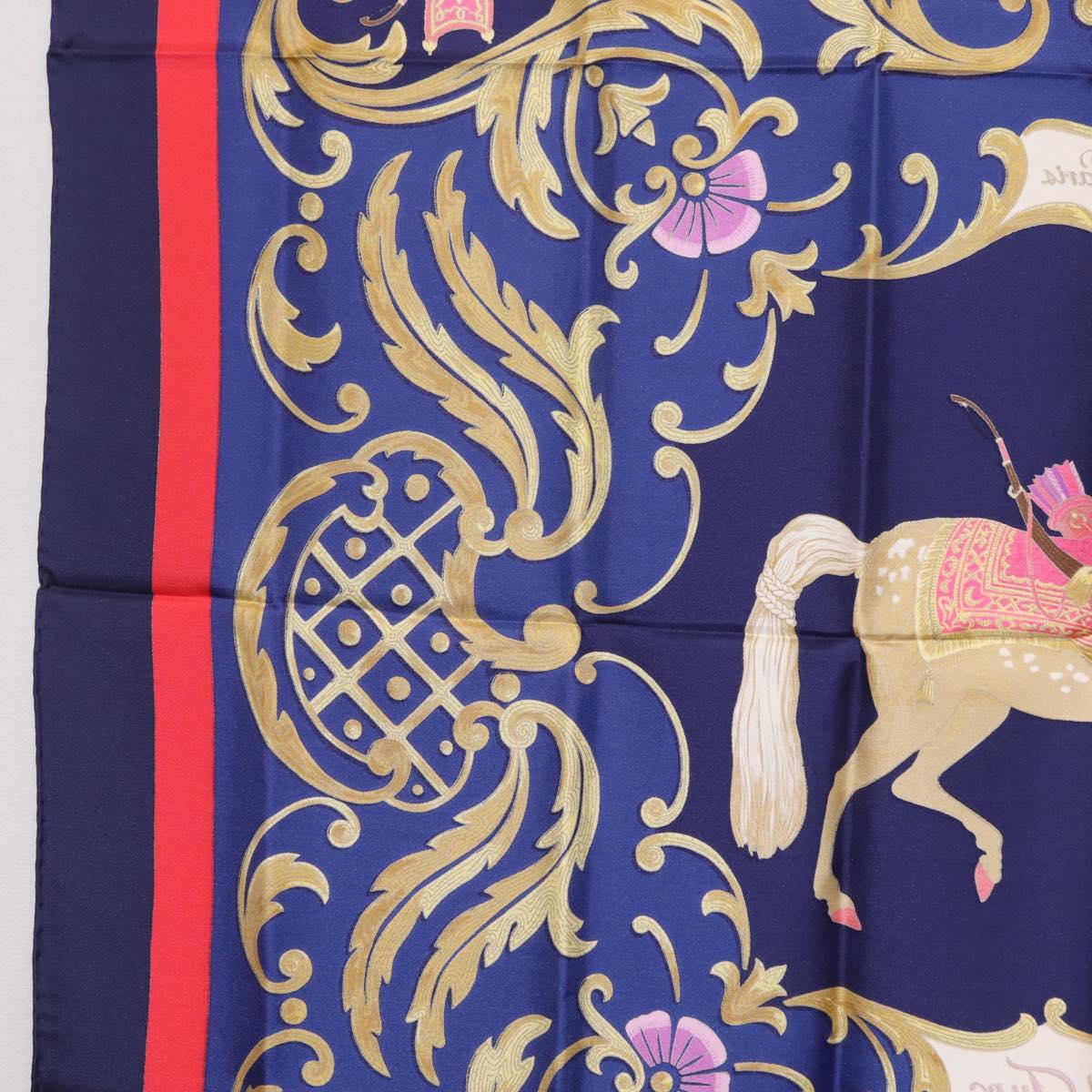 HERMES Carre 90 Scarf Silk Blue Red ""Cheval Jurc."" Auth ki6866M