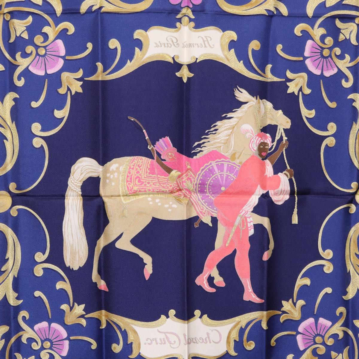 HERMES Carre 90 Scarf Silk Blue Red ""Cheval Jurc."" Auth ki6866M