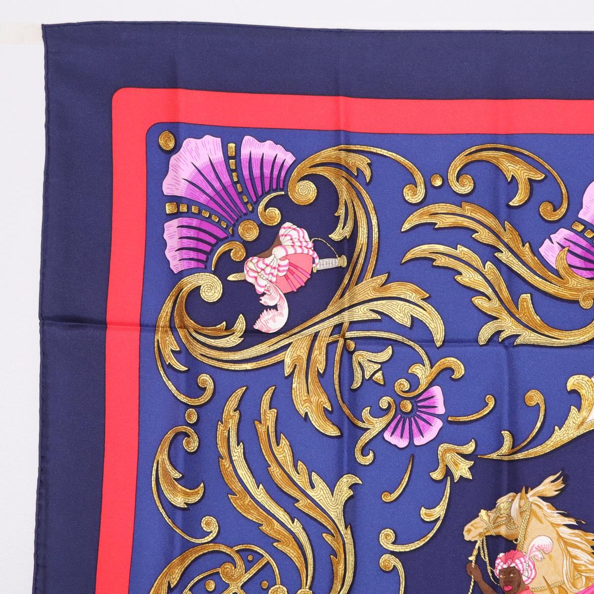 HERMES Carre 90 Scarf Silk Blue Red ""Cheval Jurc."" Auth ki6866M