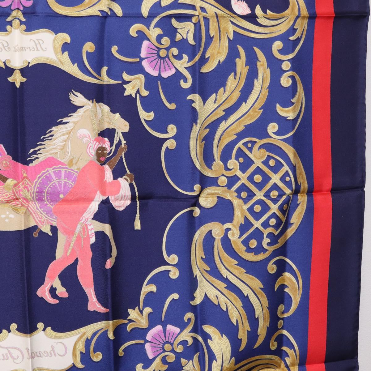 HERMES Carre 90 Scarf Silk Blue Red ""Cheval Jurc."" Auth ki6866M