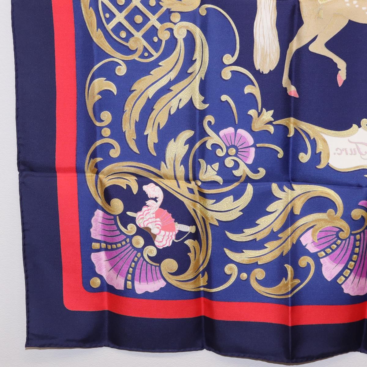 HERMES Carre 90 Scarf Silk Blue Red ""Cheval Jurc."" Auth ki6866M