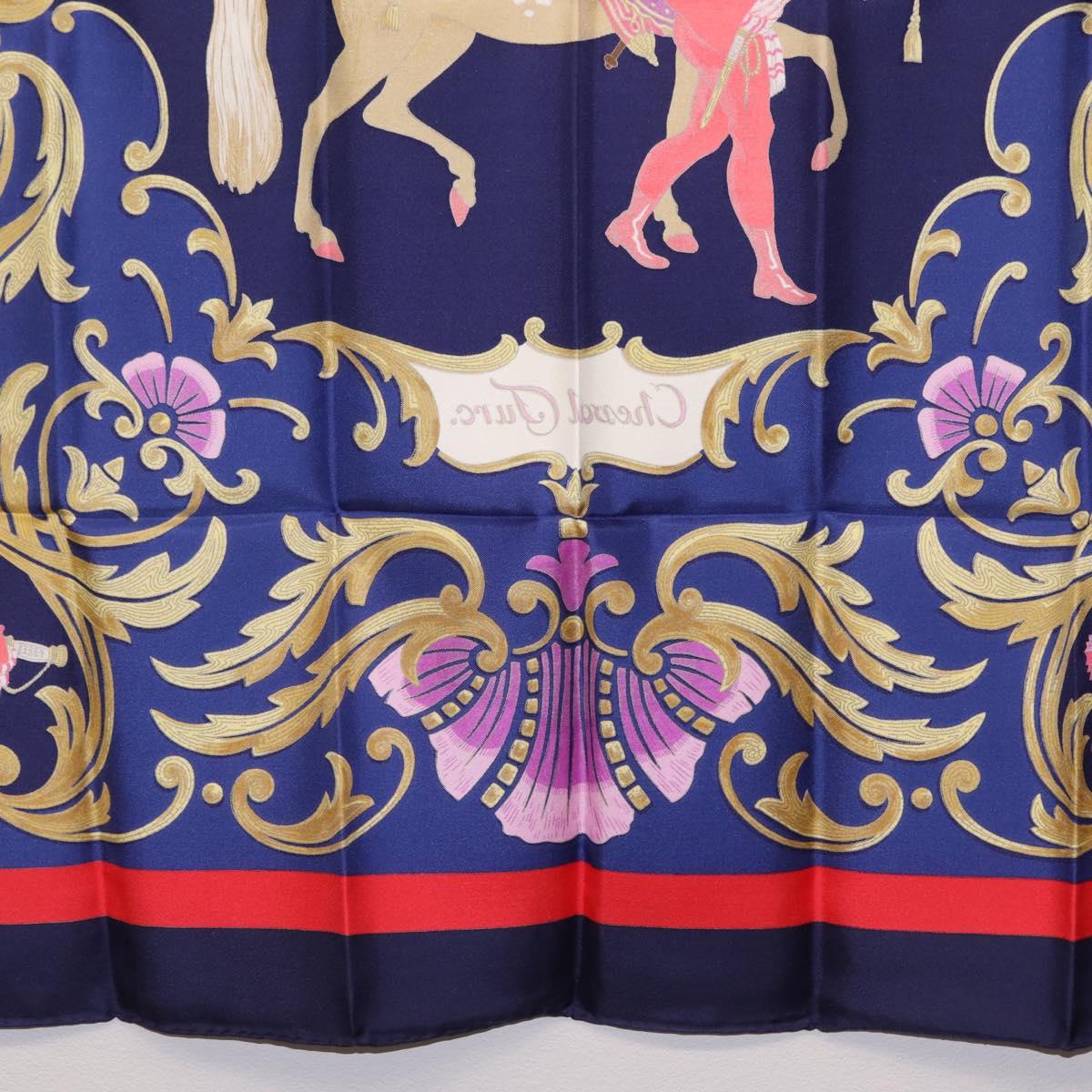 HERMES Carre 90 Scarf Silk Blue Red ""Cheval Jurc."" Auth ki6866M