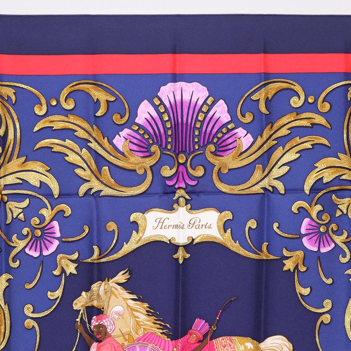 HERMES Carre 90 Scarf Silk Blue Red ""Cheval Jurc."" Auth ki6866M