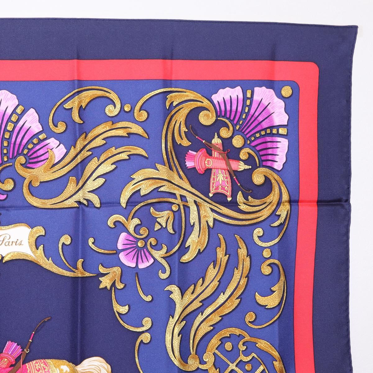 HERMES Carre 90 Scarf Silk Blue Red ""Cheval Jurc."" Auth ki6866M