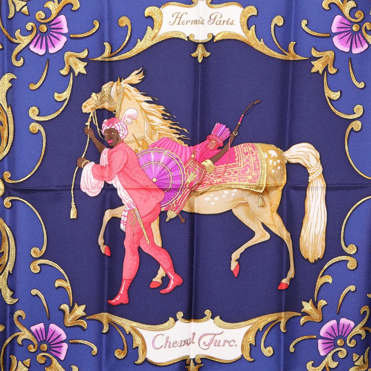 HERMES Carre 90 Scarf Silk Blue Red ""Cheval Jurc."" Auth ki6866M