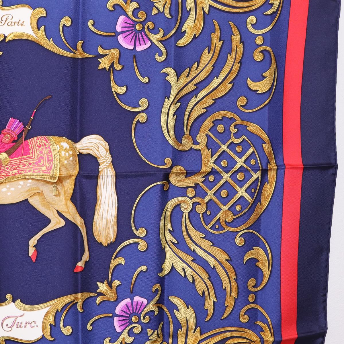 HERMES Carre 90 Scarf Silk Blue Red ""Cheval Jurc."" Auth ki6866M