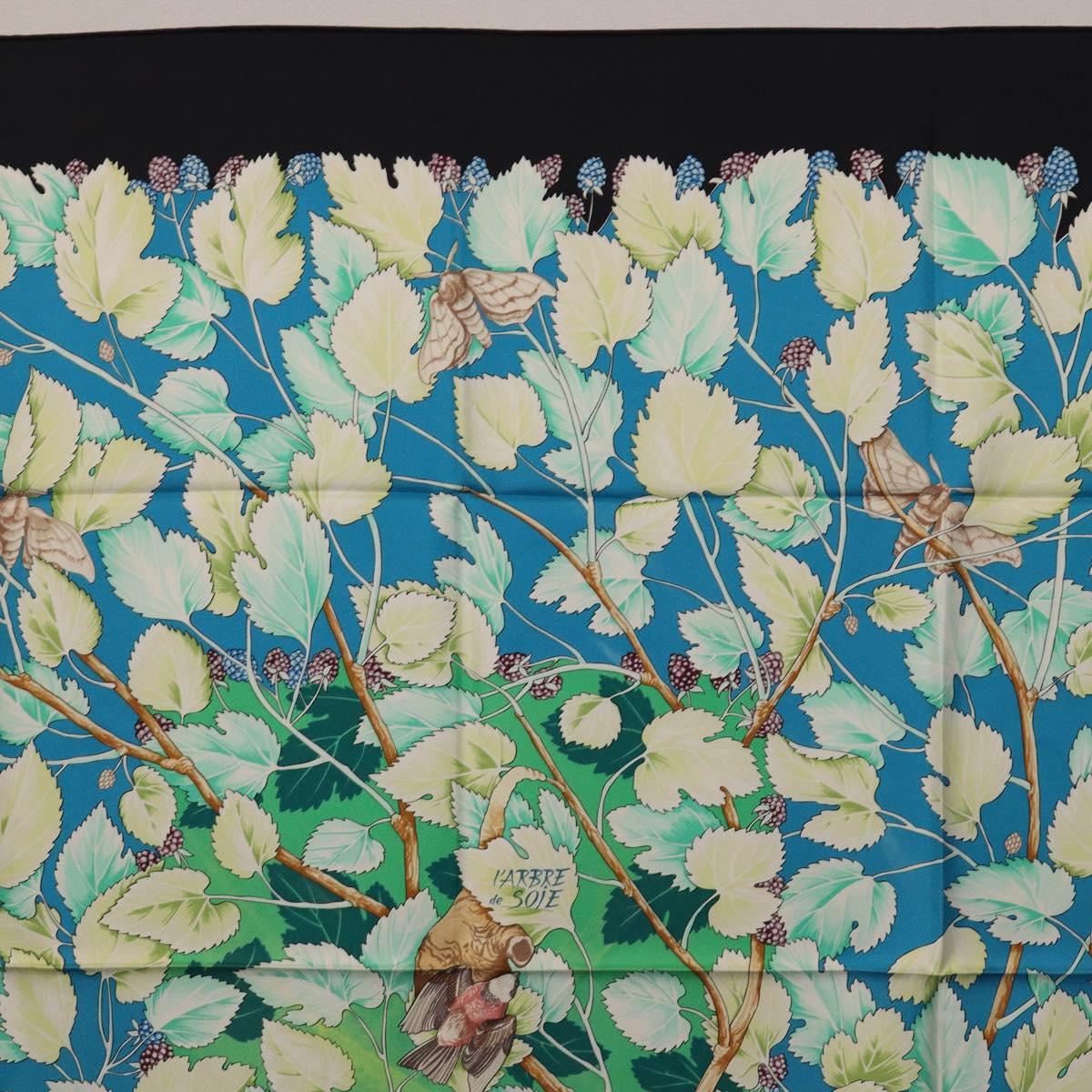HERMES Carre 90 Scarf Silk Black Blue ""L'ARBRE de SOIE"" Auth ki6867M