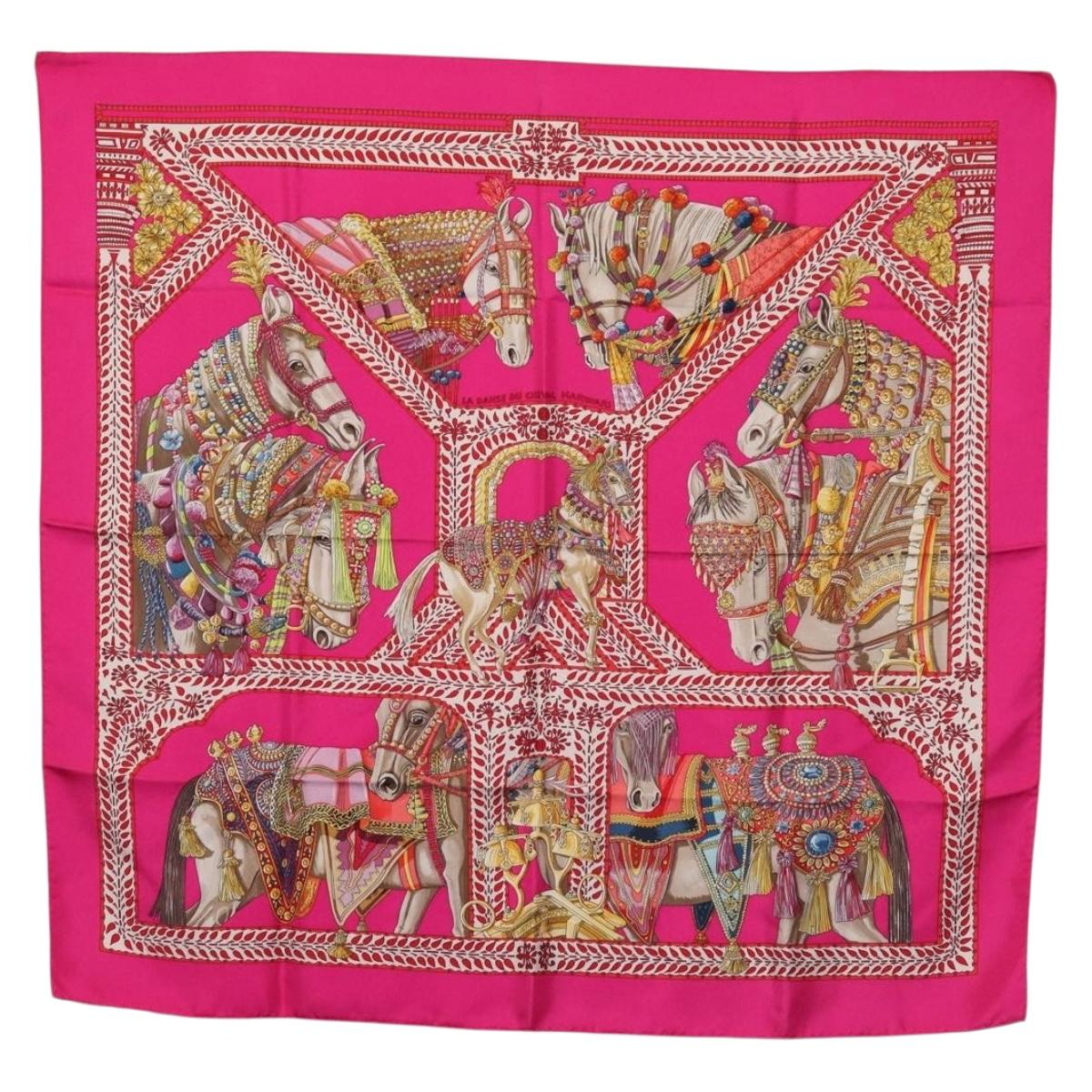 HERMES Carre 90 Scarf Silk Pink ""LA DANSE DU CHEVAL MARAWARI"" Auth ki6868M