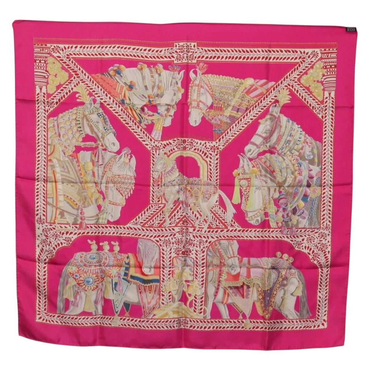 HERMES Carre 90 Scarf Silk Pink ""LA DANSE DU CHEVAL MARAWARI"" Auth ki6868M