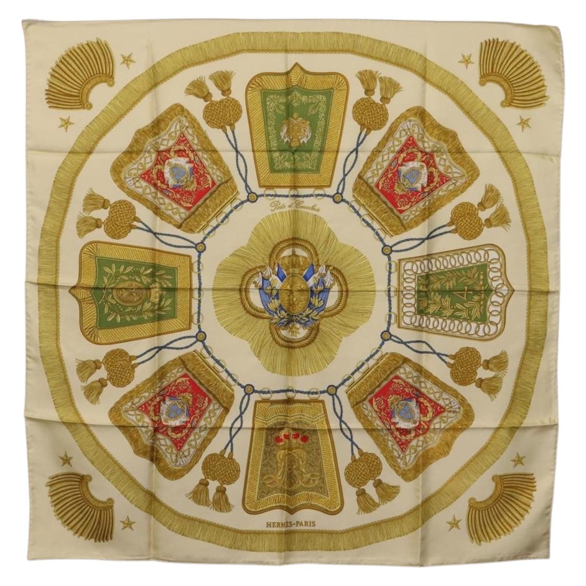HERMES Carre 90 Scarf Silk Beige Yellow ""Porte et Carvalerie"" Auth ki6869M