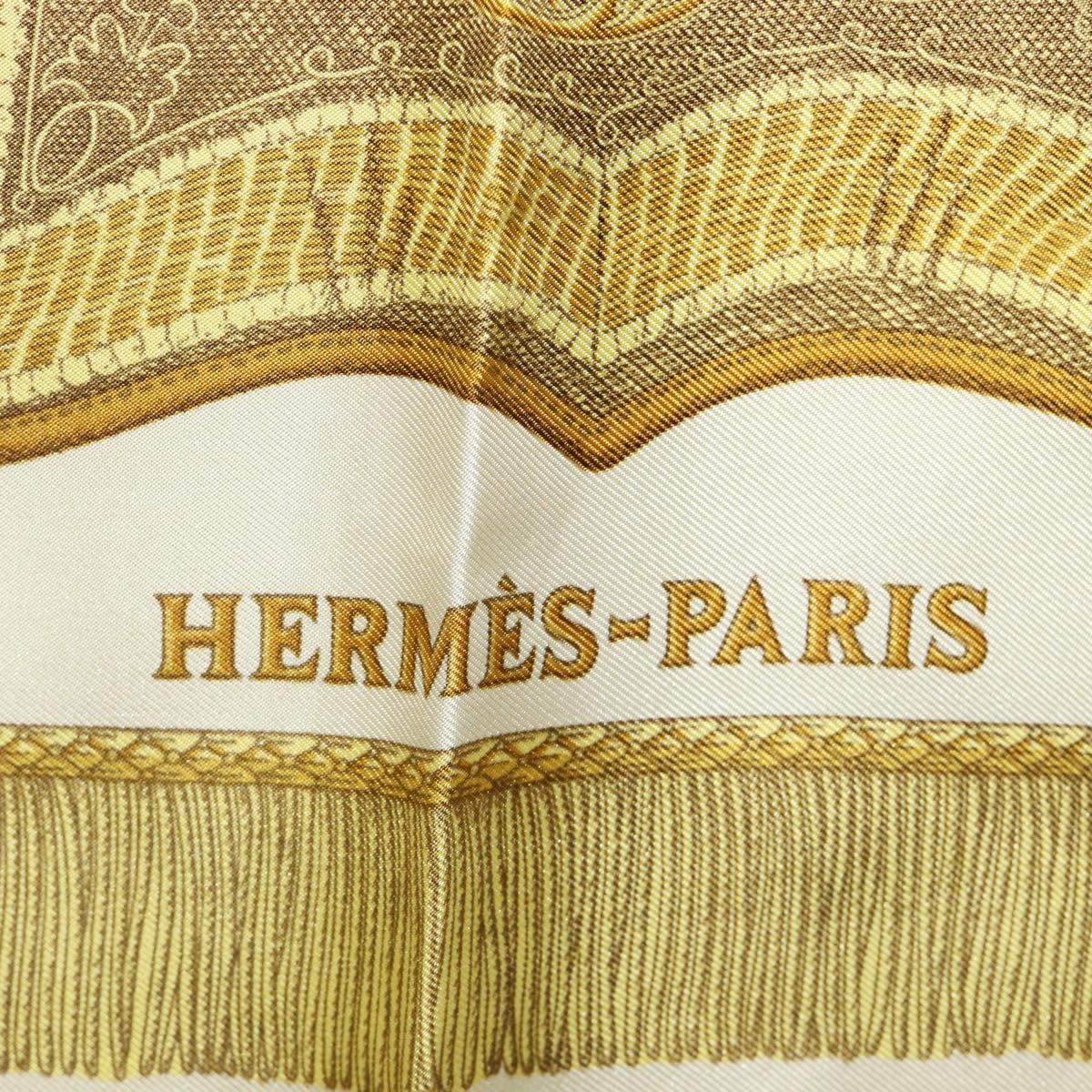 HERMES Carre 90 Scarf Silk Beige Yellow ""Porte et Carvalerie"" Auth ki6869M