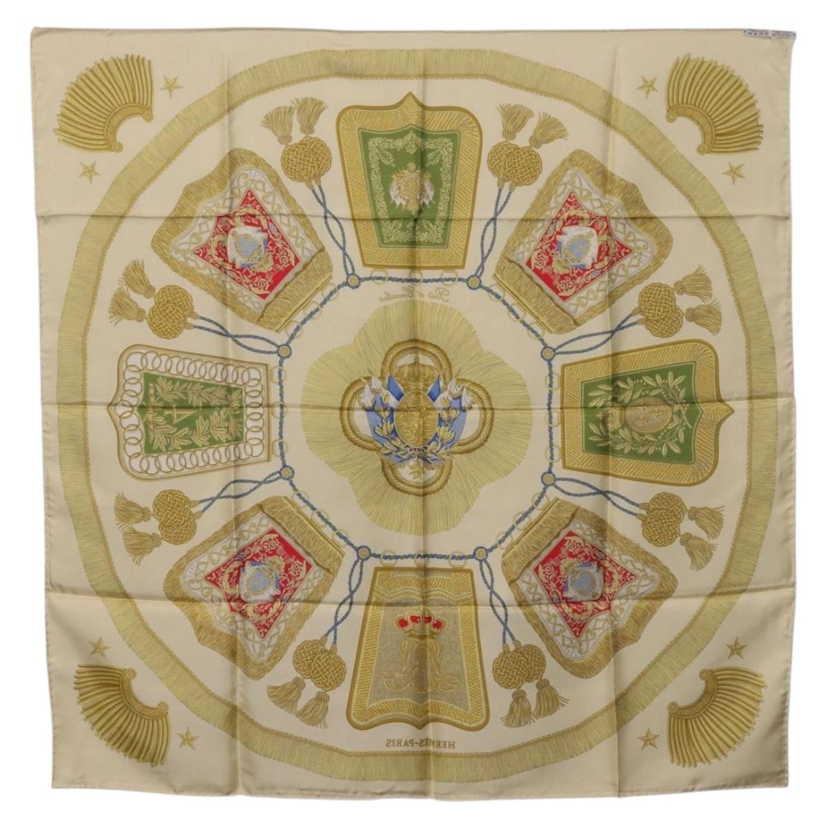 HERMES Carre 90 Scarf Silk Beige Yellow ""Porte et Carvalerie"" Auth ki6869M