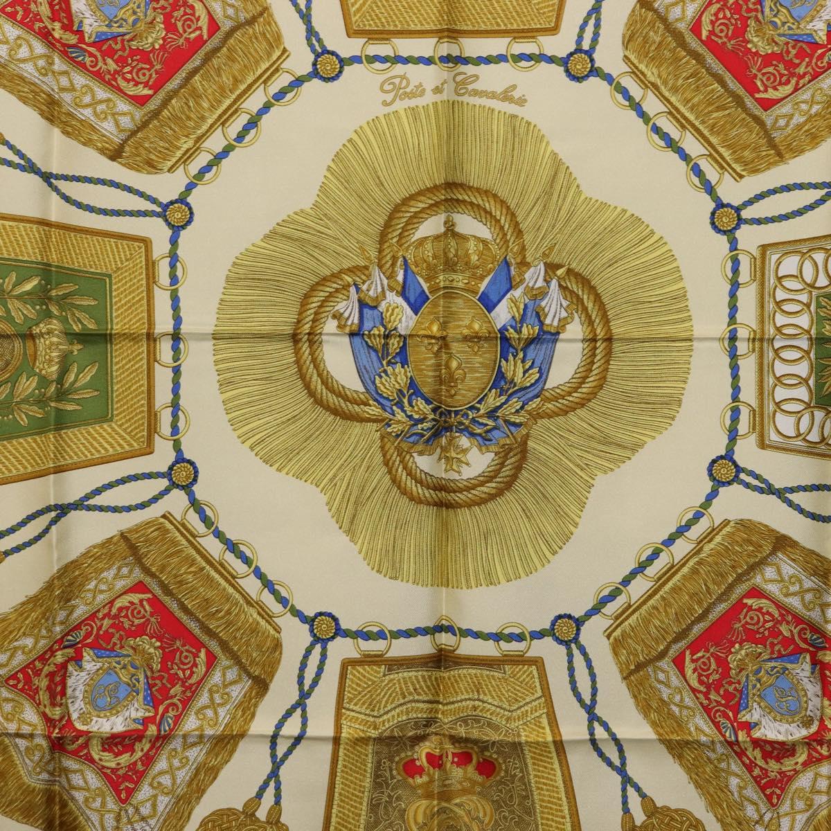 HERMES Carre 90 Scarf Silk Beige Yellow ""Porte et Carvalerie"" Auth ki6869M
